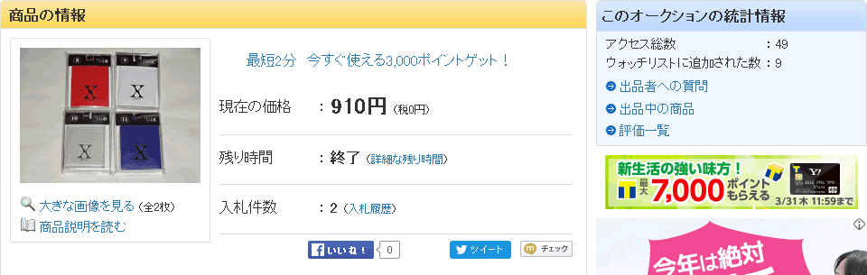 ラゲッジタグの落札価格は4個で910円